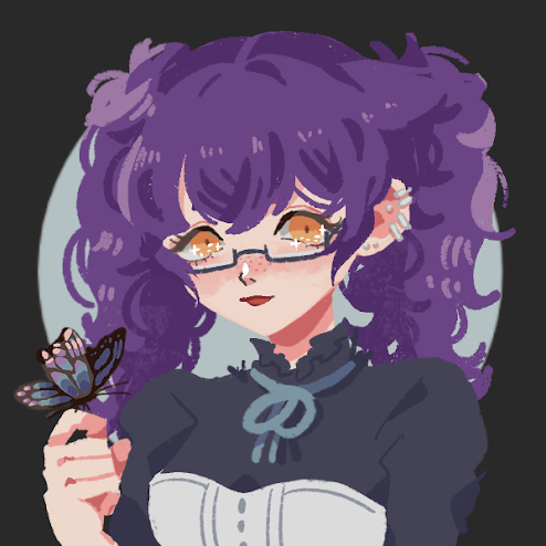 Portrait of an anime girl with purple hair. A butterfly rests on her curled finger.